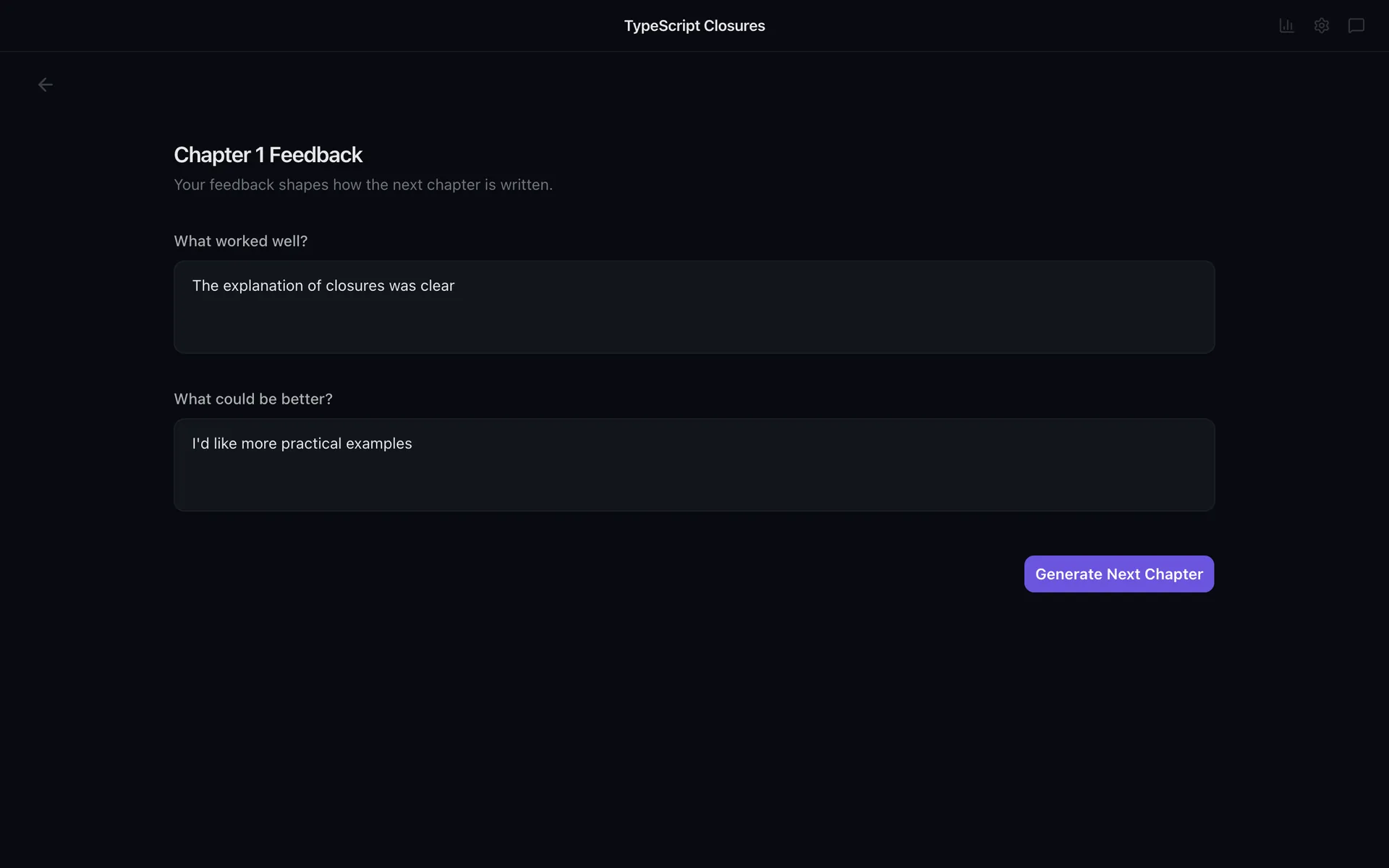 The chapter feedback form: what worked well, what could be better, and a Generate Next Chapter button