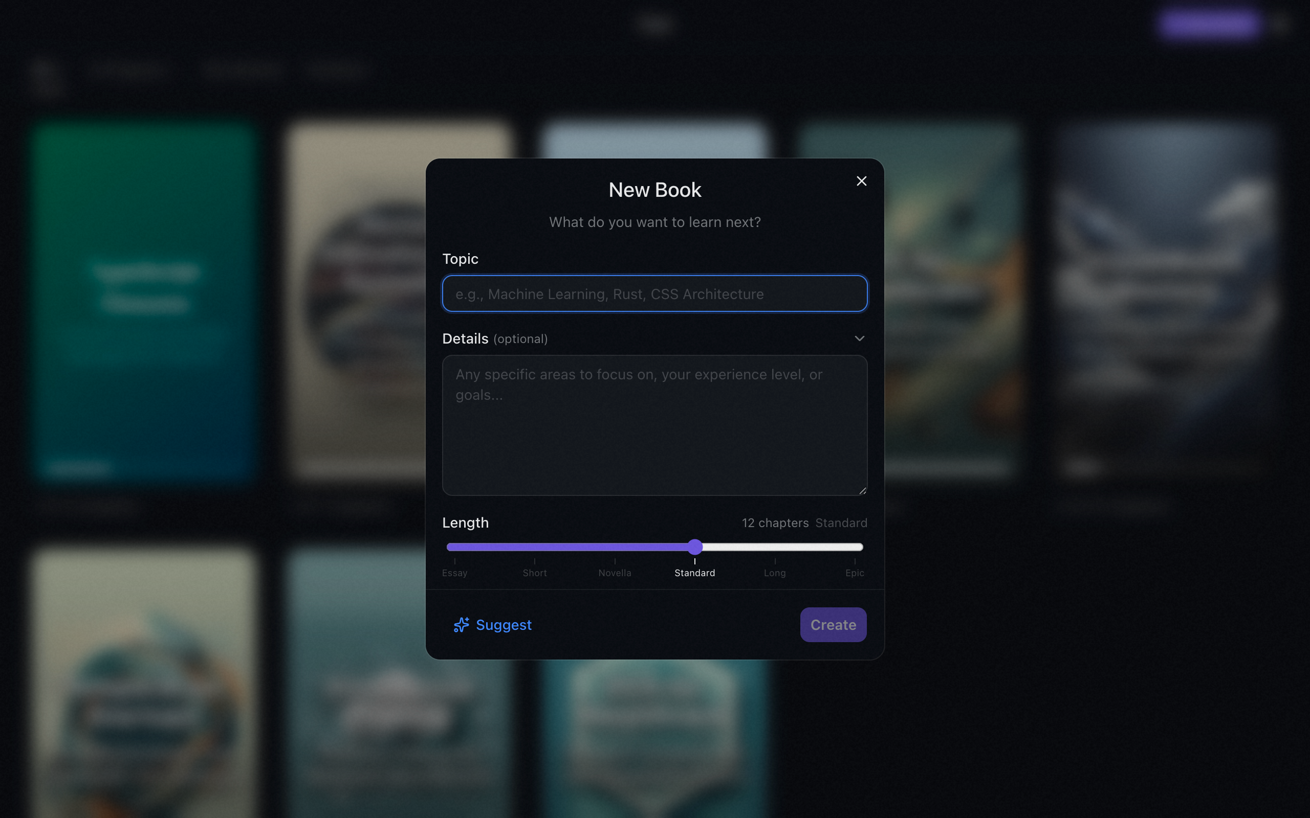 New book creation dialog