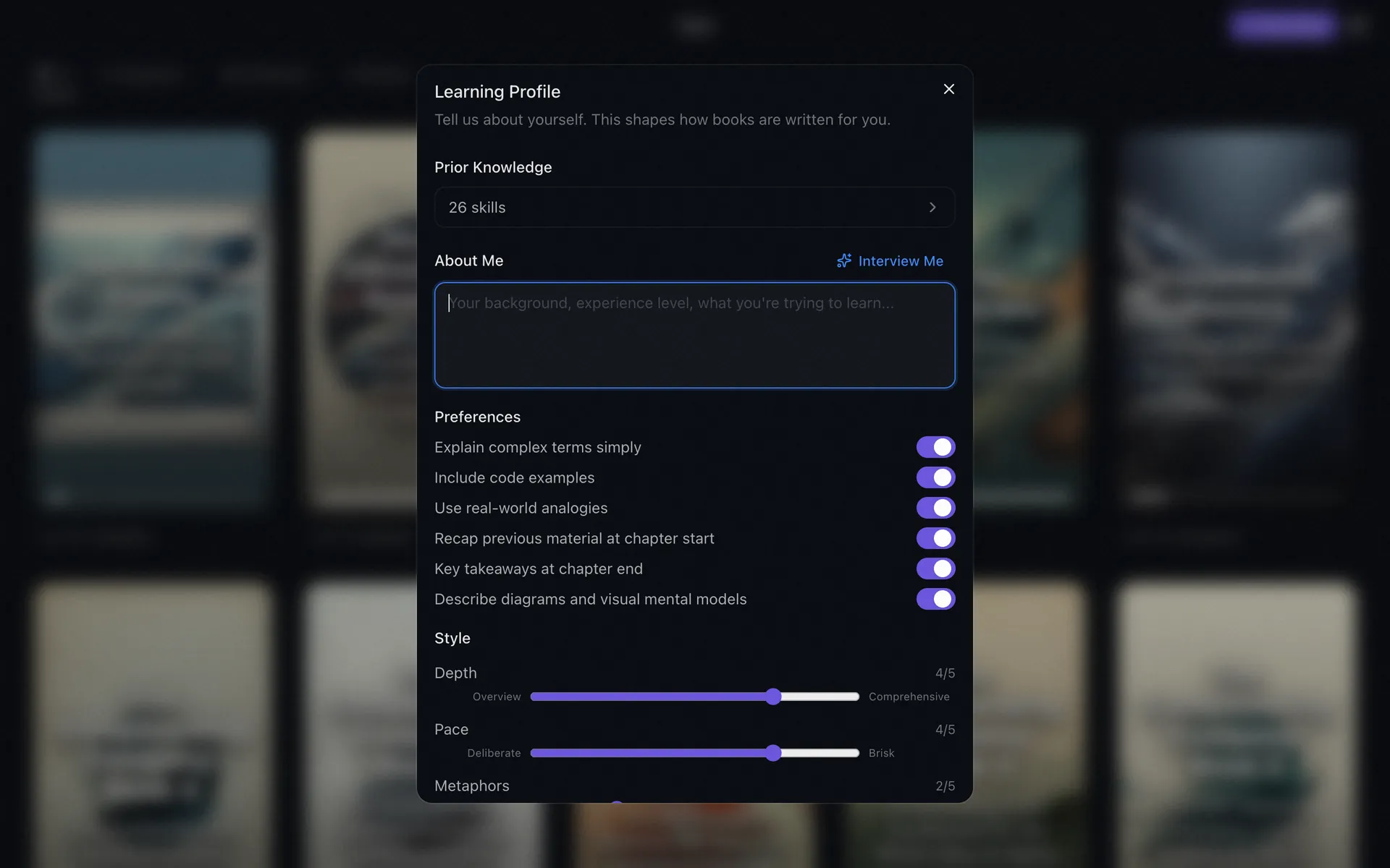 The Learning Profile: prior knowledge, an About Me interview, teaching preferences, and style sliders