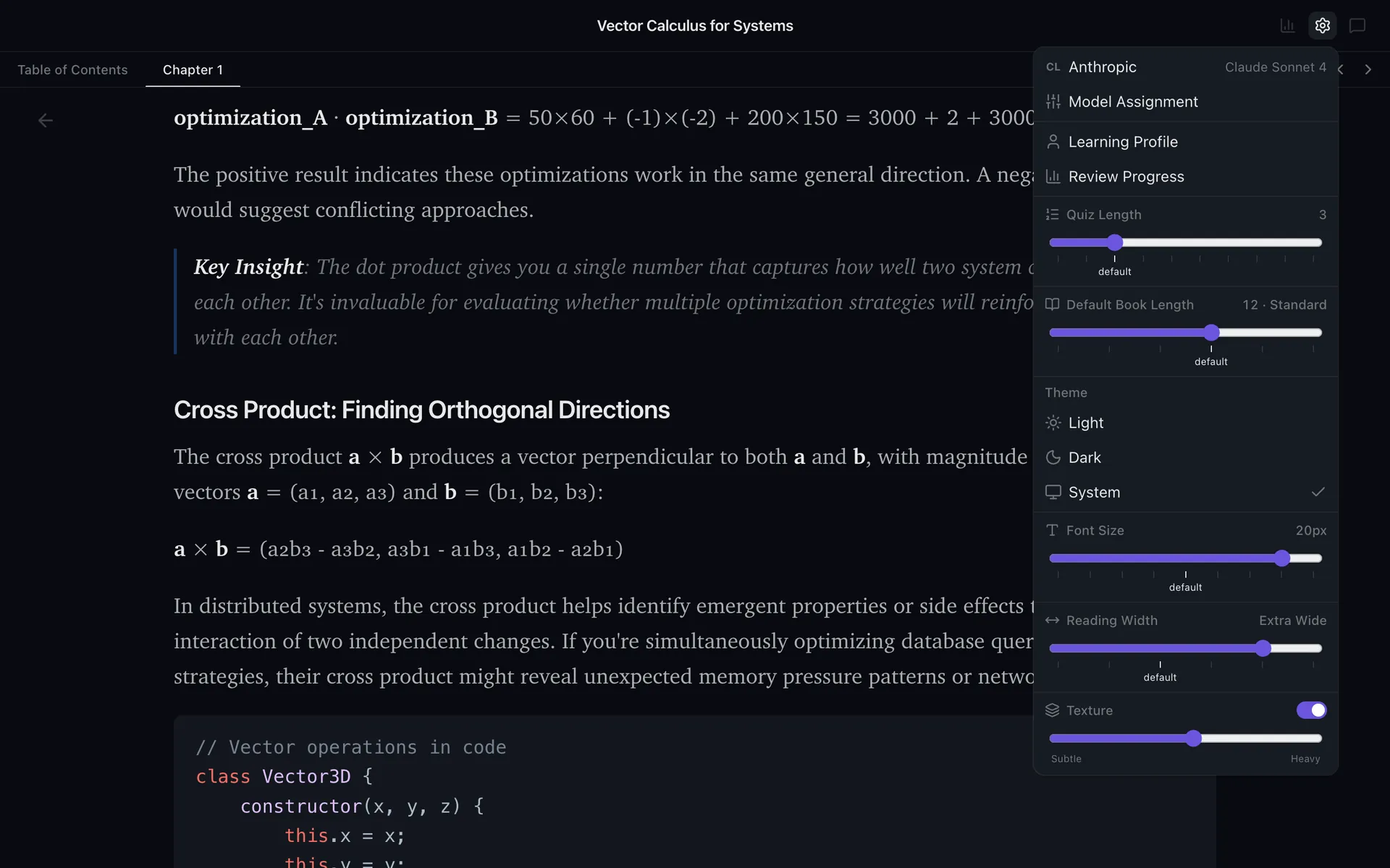 A chapter with rendered math, a key-insight callout, and syntax-highlighted code, with the reading settings open